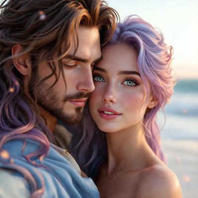 The primary subject of the image is a man and a woman, who are standing close to each other and embracing each other. The man has long hair, and the woman has purple hair. They are both wearing blue shirts. The setting is a beach, with the ocean visible in the background. The visual style of the image is a painting, which gives it a vibrant and artistic appearance. The colors and mood of the painting are lively and joyful, as the couple enjoys their time together on the beach.